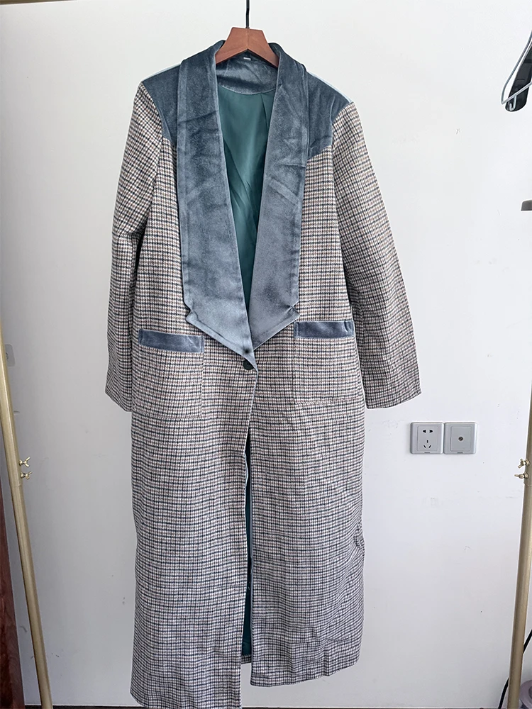 autumn new European and American style fashionable niche temperament pocket decoration plaid woolen coat