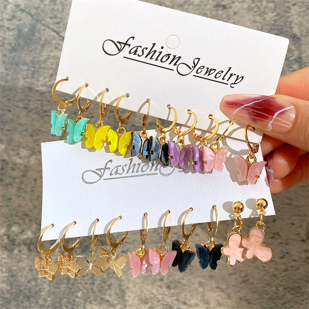 10Pcs/Set Drop Oil Colorful Butterfly Dangle Earrings Set for Women Vintage Metal Gold Plated Heart Hoop Earring Fashion Jewelry