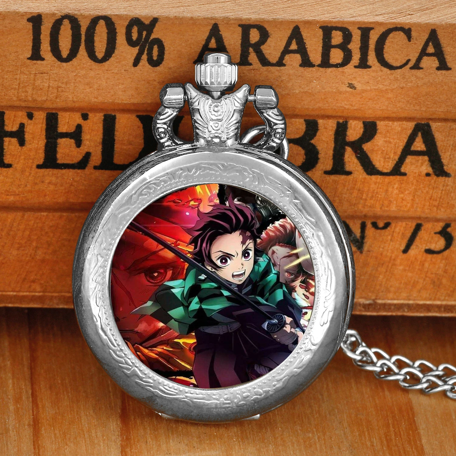 Personalizzato argento acciaio inossidabile Anime Demon Slayer Tanjiro cupola di vetro orologio da tasca al quarzo collana pendente gioielli da donna