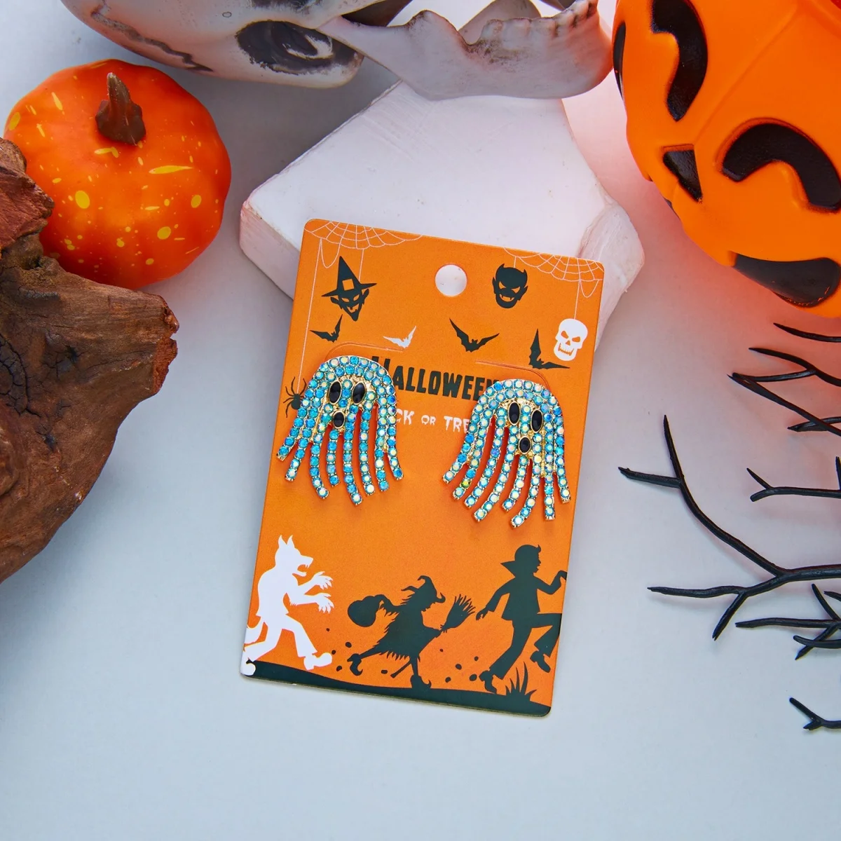 Niedliche Cartoon-Geister-Ohrstecker mit Strass und Quasten für Damen, Punk-Geister-Ohrringe, Halloween-Karneval-Party-Schmuck – Detail 24