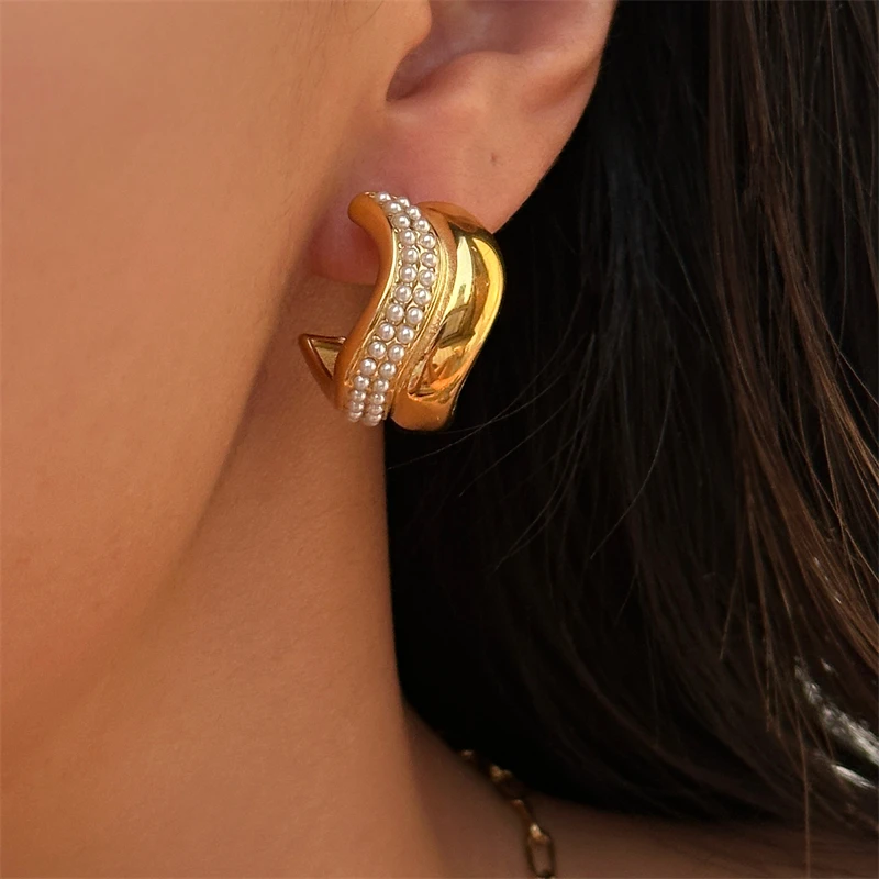 أقراط مرصعة على شكل حرف C للنساء ، فولاذ مقاوم للصدأ 316 لتر ، مجوهرات فريدة ، لؤلؤ مضفر ، منحني ، موضة جديدة ، #1