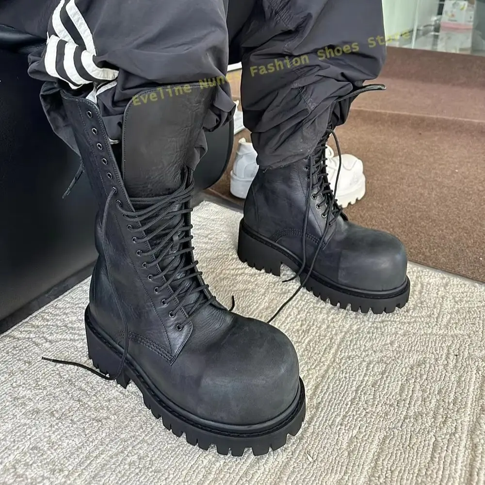 

Big Round Toe Platform Motorcycle Boots Cross Tied Chunky Heels Solid 2025 Autumn Spring Mid Calf Boots Lace-Up Casual Shoes