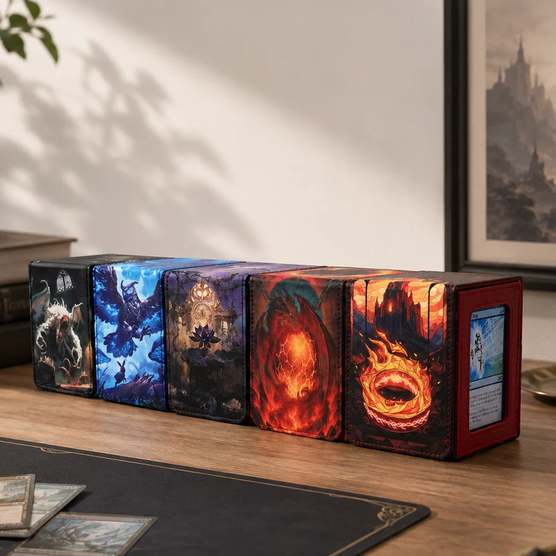 Kartenbox für Karten mit Musteraufdruck und Sichtfenster, fasst 100+ doppelt umhüllte Karten, PU-Leder-Kartenbox passend für TCG-Karten – Detail 5