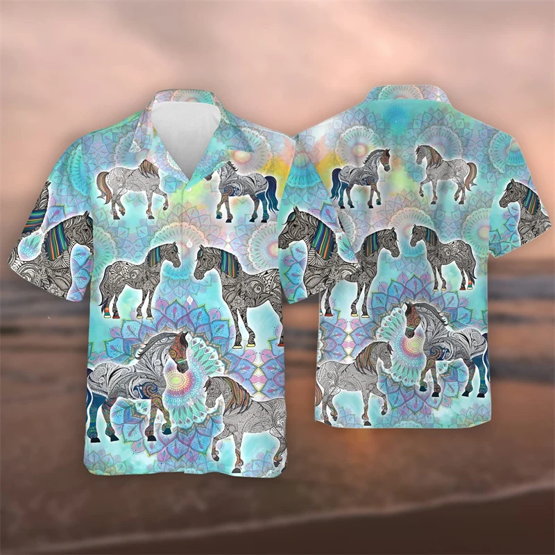 Beautiful Horse Graphic Hawaiian Beach Shirt Casual Male Streetwear Harajuku Fashion Cute Horses Lapel Blouse Women Short Sleeve