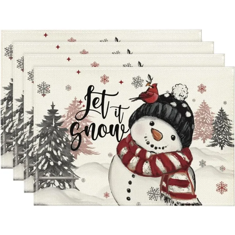 Christmas Linen Placemats Snowman Christmas Trees Print Table Mats Desktop Protector Anti-slip and Heat-insulating Home Decor
