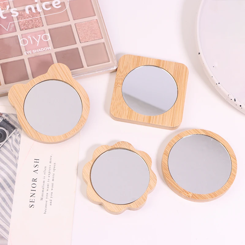 Simple Wooden Portable Mirror Mini Small Makeup Mirror Female Hand-held Beauty Makeup Mirror Small Round Mirrors