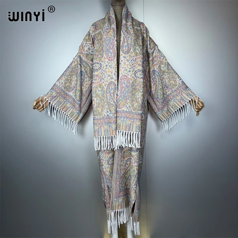 

WINYI осеннее женское кимоно с кисточками и шарфом, длинное пальто, элегантный кардиган femme, толстый теплый зимний модный кафтан, Абая, Дубай, роскошь