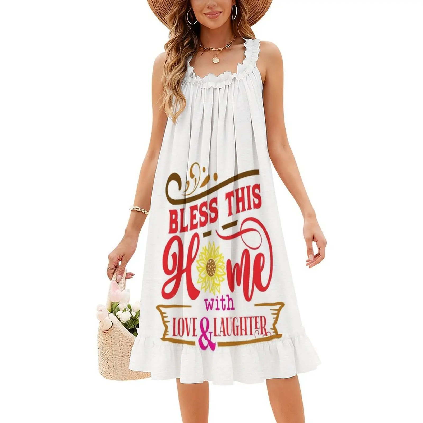 Zegen dit huis met liefde en gelach Koreaanse stijl casual jurk voor dames Eenvoudige dagelijkse kantoordamejurken Zonnebloembloem