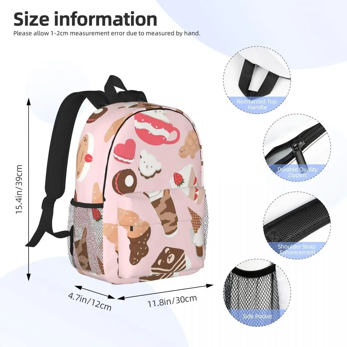 Kawaii Dessert Seamless Pattern Pink Backpacks Teenager Bookbag Students School Bags Laptop Rucksack Shoulder Bag Large Capacity