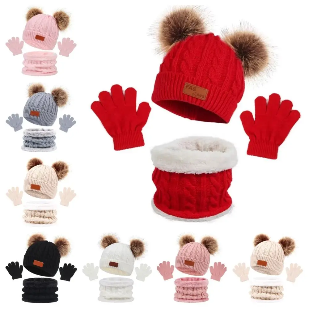 

3pcs New Solid Color Baby Hat Scarf Gloves Set Outdoor Warm Thicken Toddler Bonnet Windproof 1-5Y Pompom Knitted Hats Winter