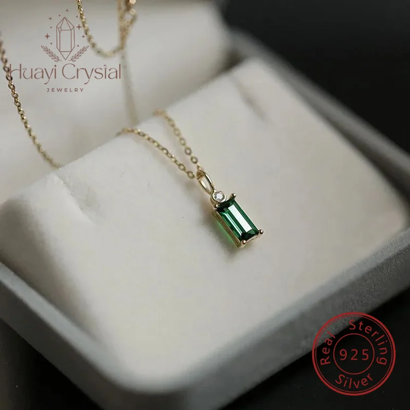 

925 sterling silver plated 14K gold necklace female green Emerald zircon square rectangular four-claw inlaid pendant necklace