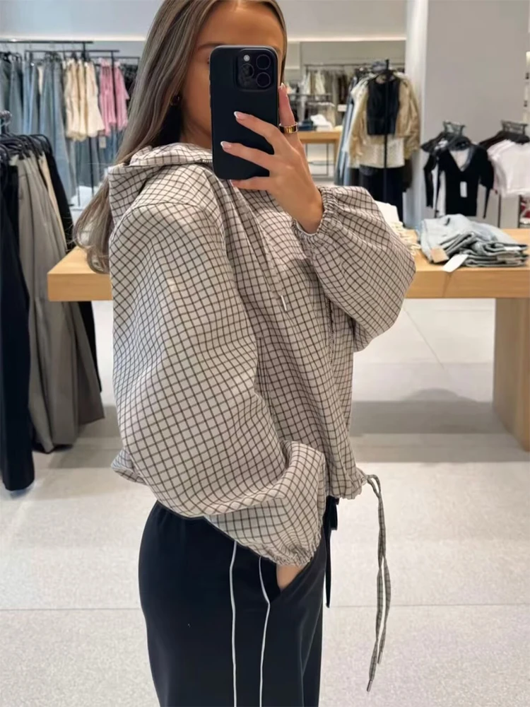 MUJER Plaid Hooded Jacket Woman Autumn Zip Varsity Jackets for Women Outerwears Women's Coat Long Sleeve Women's Bomber Jacket