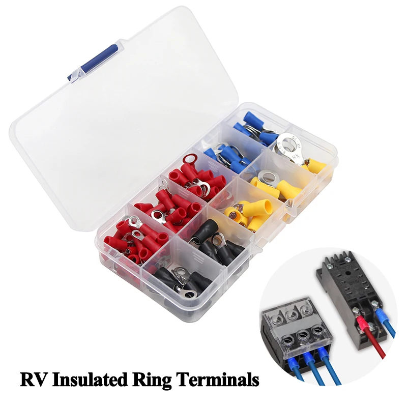 

Boxed 102pcs Insulated Ring Terminals M4/M5/M6/M8 Cold-pressed Electrical Wire Cable Crimp Connectors 22-10 AWG Kit