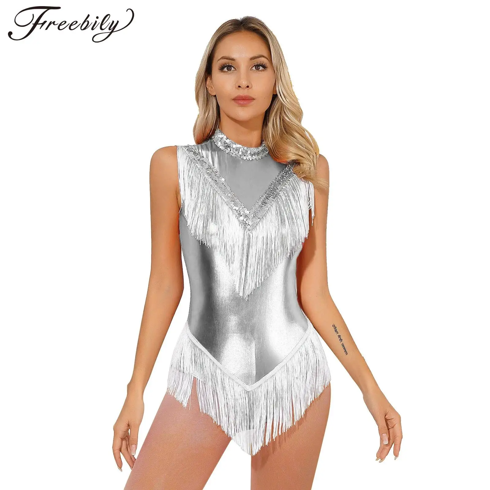 Body da ballo latino da donna senza maniche con paillettes metalliche abito body con nappe per Cha-cha Tango Samba Rumba pattinaggio ginnastica