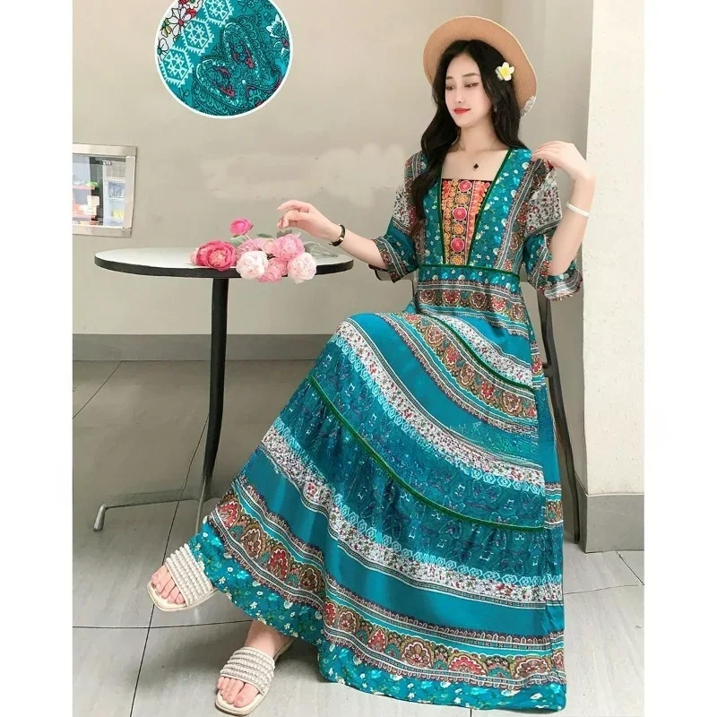 Retro National Style Rayon Cotton Travel Skirt Xinjiang Yunnan Holiday Floral Dress Long Skirt Square Collar Cotton Silk Waist