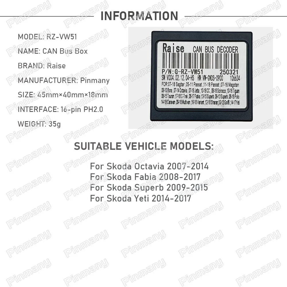 Car Radio Raise CAN Bus Decoder Android Head Unit CANBUS Adapter RZ-VW51 for Skoda Octavia Fabia Superb Yeti
