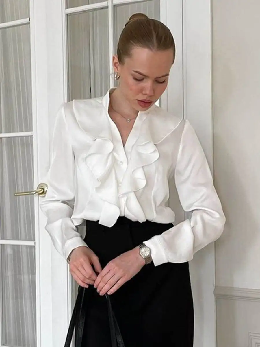 

Women's French Ruffle irt Standing Collar Long Sve Top Commute Sle Pure Color Other Material 00% Length 50cm-65cm