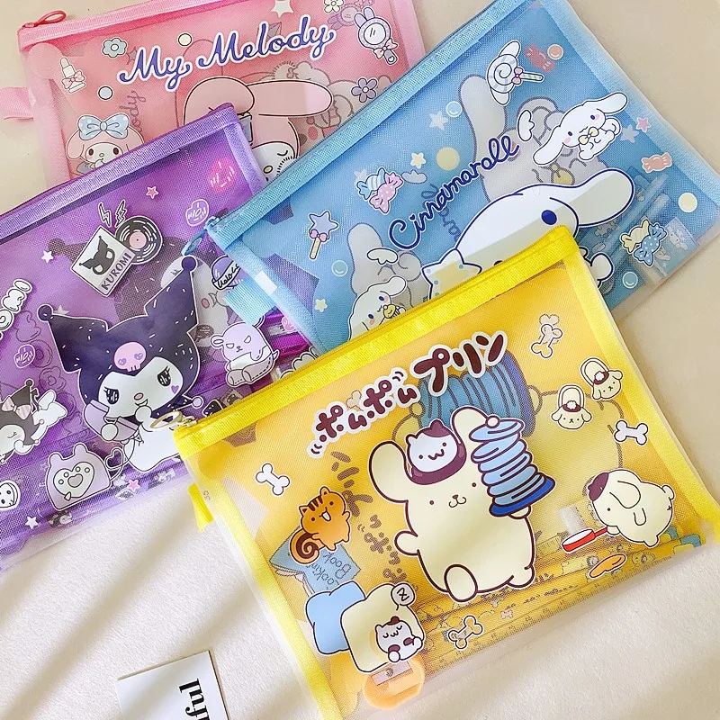 Kawaii Sanrio A5 Mesh Zipper Storage Pouch Melody Kuromi Cinnamoroll Document Bag Student Stationery Organizer School Supplies