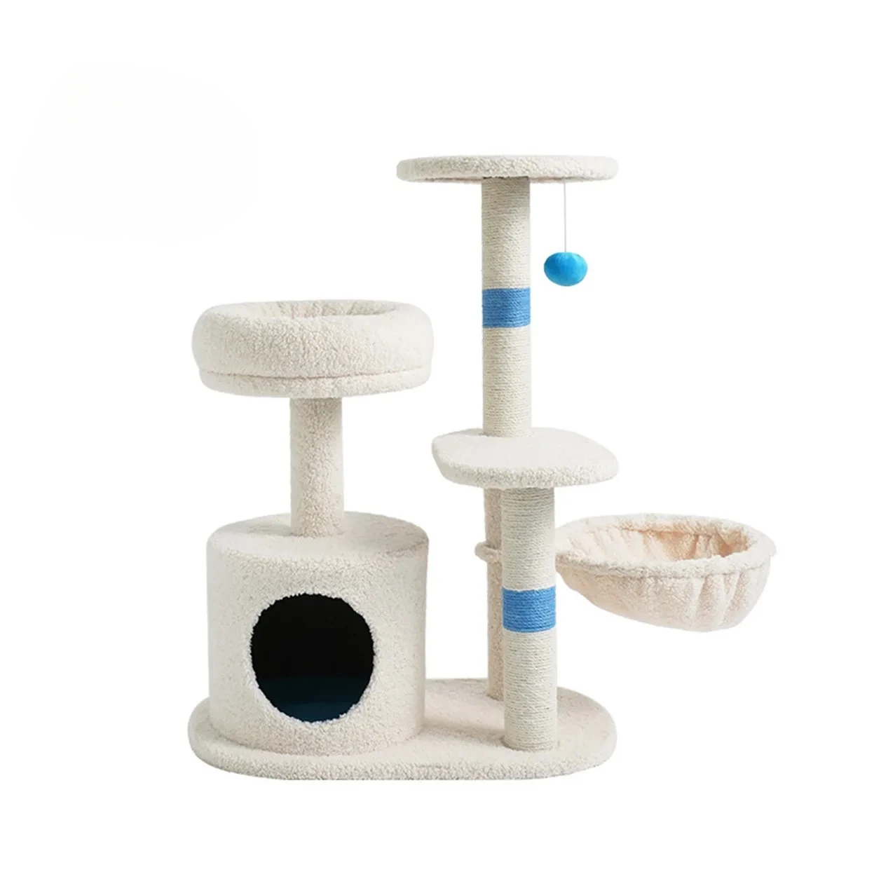 

New Design Cat Tree White Teddy Plush Cats Scratching Post And Hole Combination