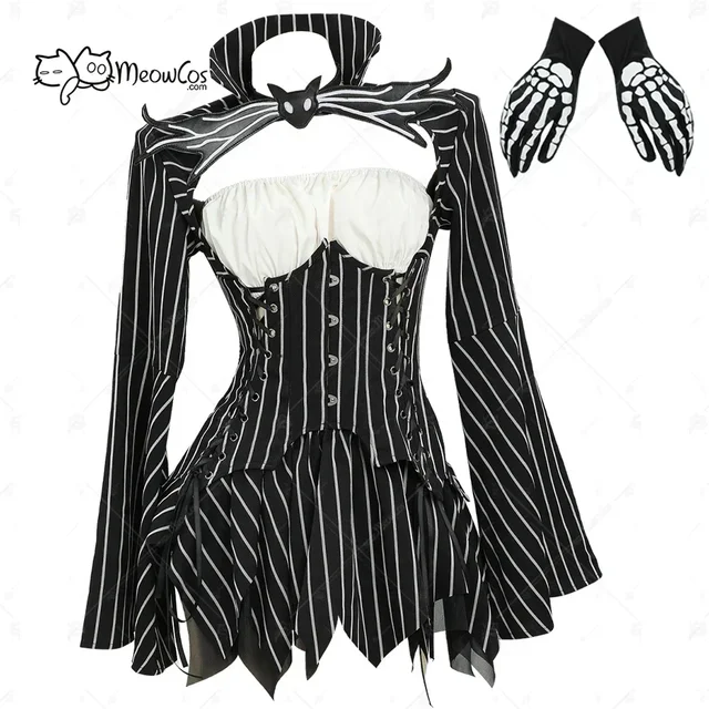 MEOWCOS disfraz de Jack para mujer, Top gótico de manga larga con falda y guantes para Halloween