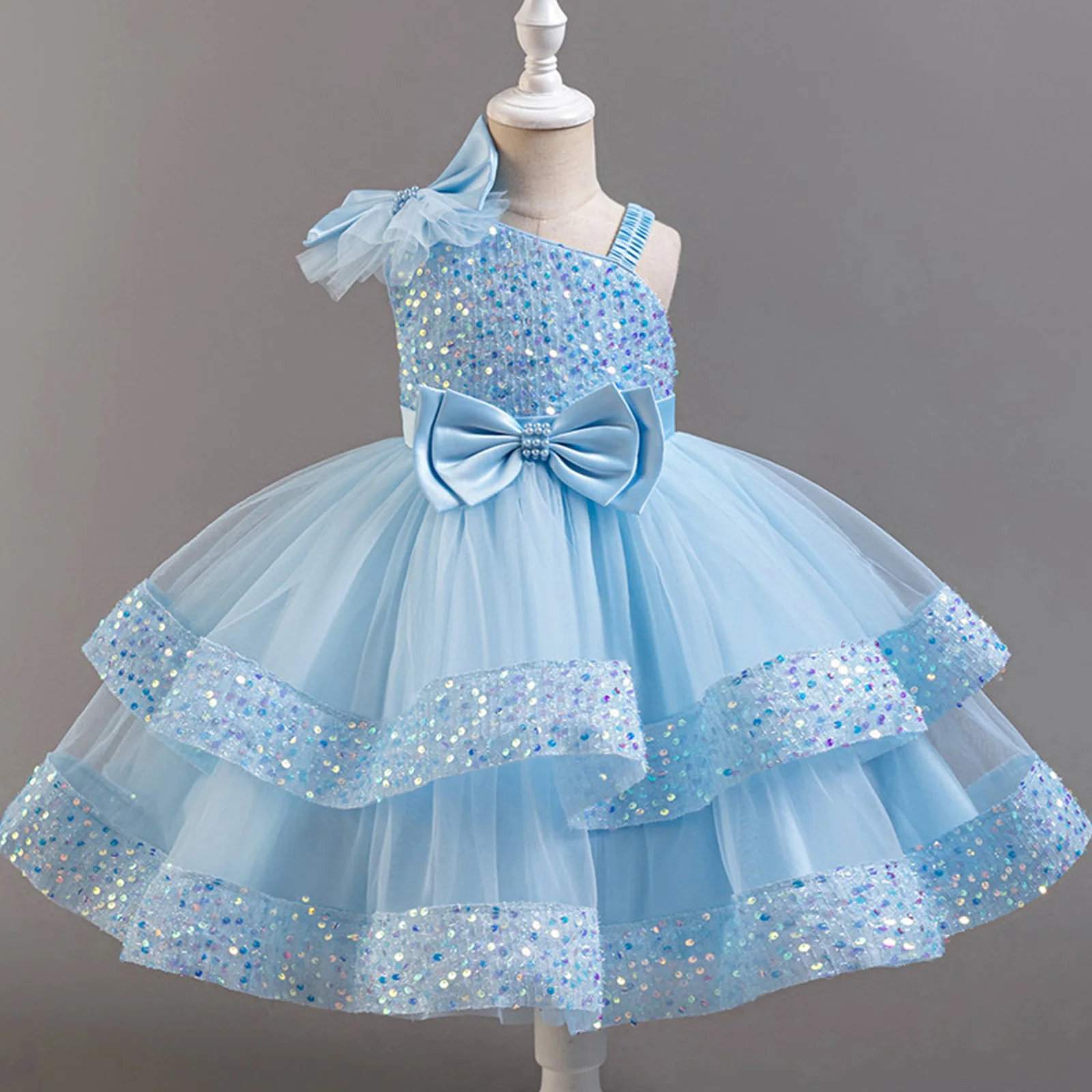 Vestido infantil de princesa com lantejoulas para meninas, vestido de festa de aniversário com flores para casamento, sem mangas, malha com laço