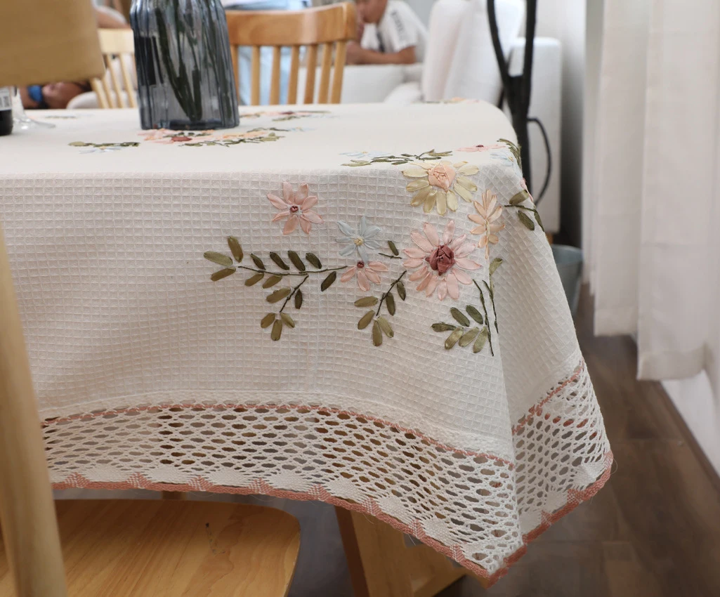 

Europe Flowers Tablecloth White Hollow Lace Cotton Linen Dustproof Table cloth Wedding Banquet Cloth embroidered tablecloth