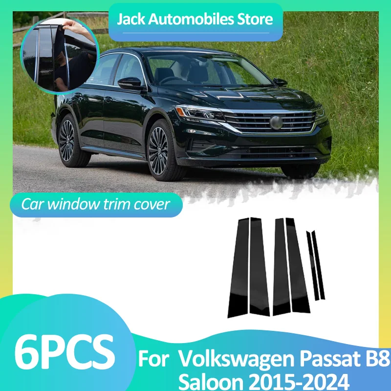 Car Window Cover For Volkswagen VW Passat B8 Saloon 2015~2024 2023 Pillar B Column Stickers Black Carbon Fiber Silver Accessorie