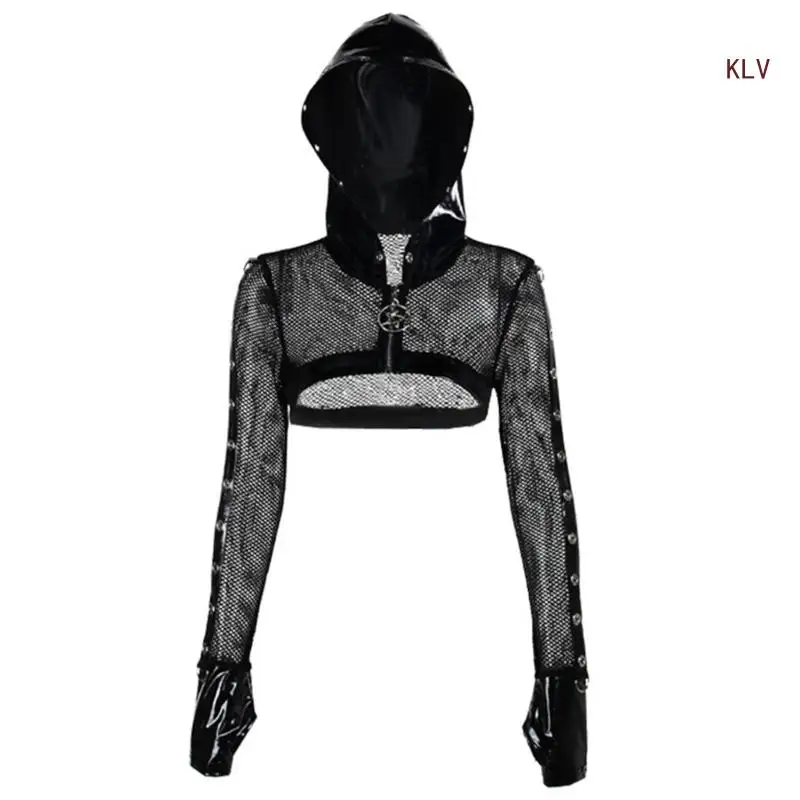 

Womens Solid Black Long Sleeve Pullover Crop Top Hoodie Mesh Patchwork Sweatshirt Zipper Pullover Tops
