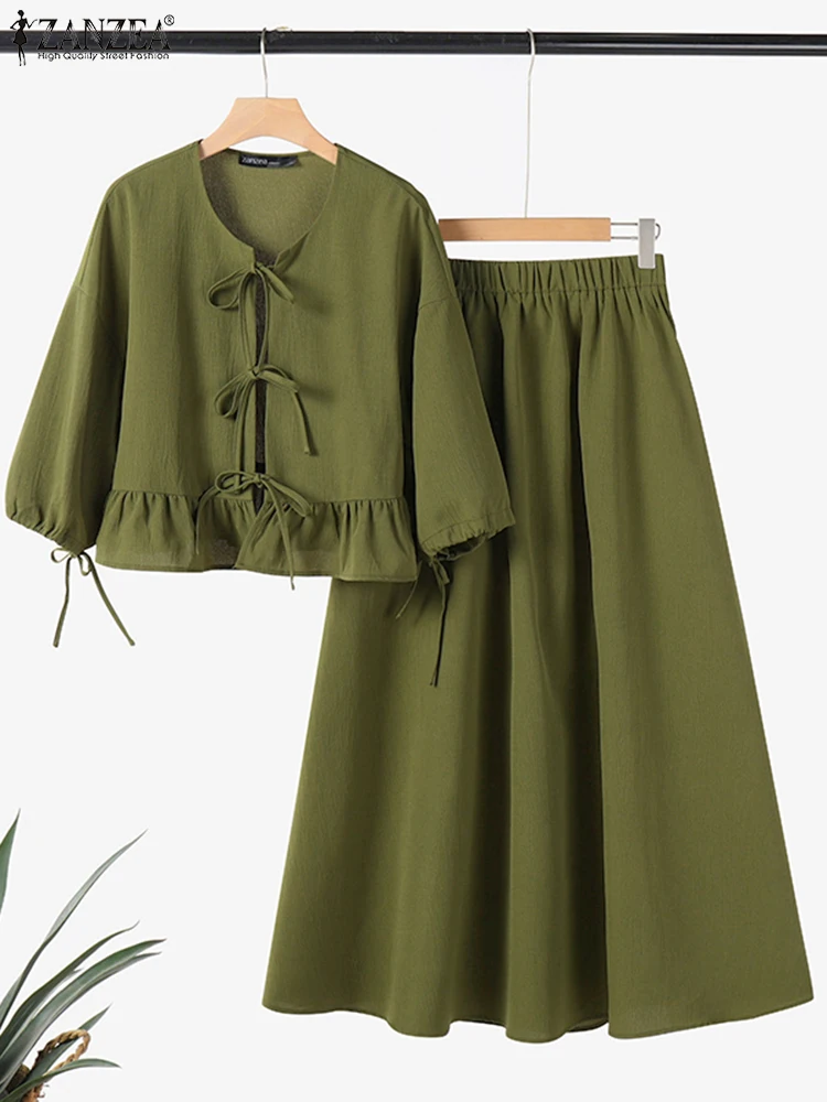 

ZANZEA Summer Dress Sets 2025 Fashion Women Bandage Tops Outfits Casual Loose Solid Matching Suit Holiday Midi Skirt Suits Robe