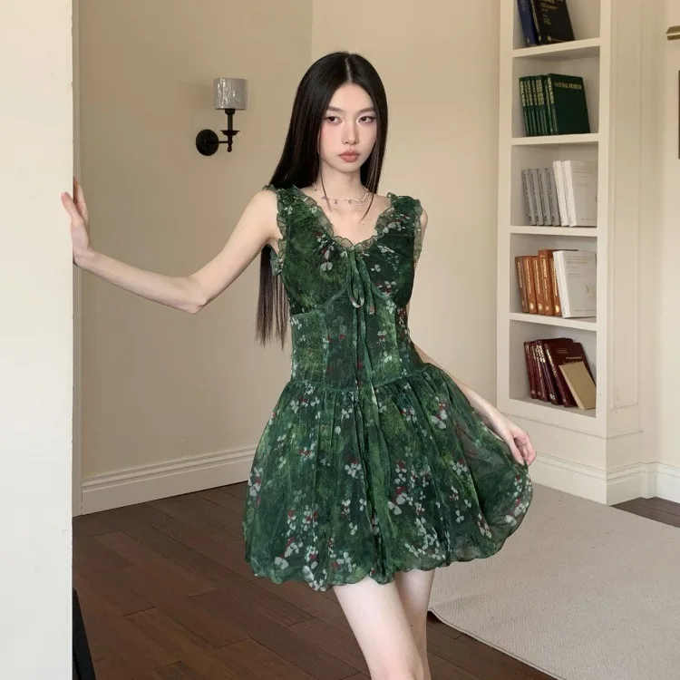 Retro V-ausschnitt Floral Rüschen Krawatte Leibchen Ärmelloses Grün Chiffon Puff Kleid Für Frauen Sommer Schlank Mori Mädchen Fee A-linie Kleid