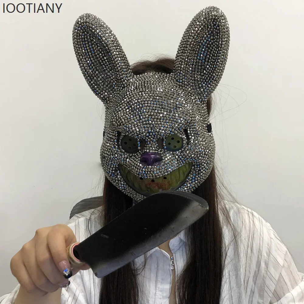 CosplayNew gris sangre conejito hecho a mano máscara de diamantes de imitación Cosplay calavera carnaval club nocturno Hip-hop baile callejero salón Owen máscara de fiesta