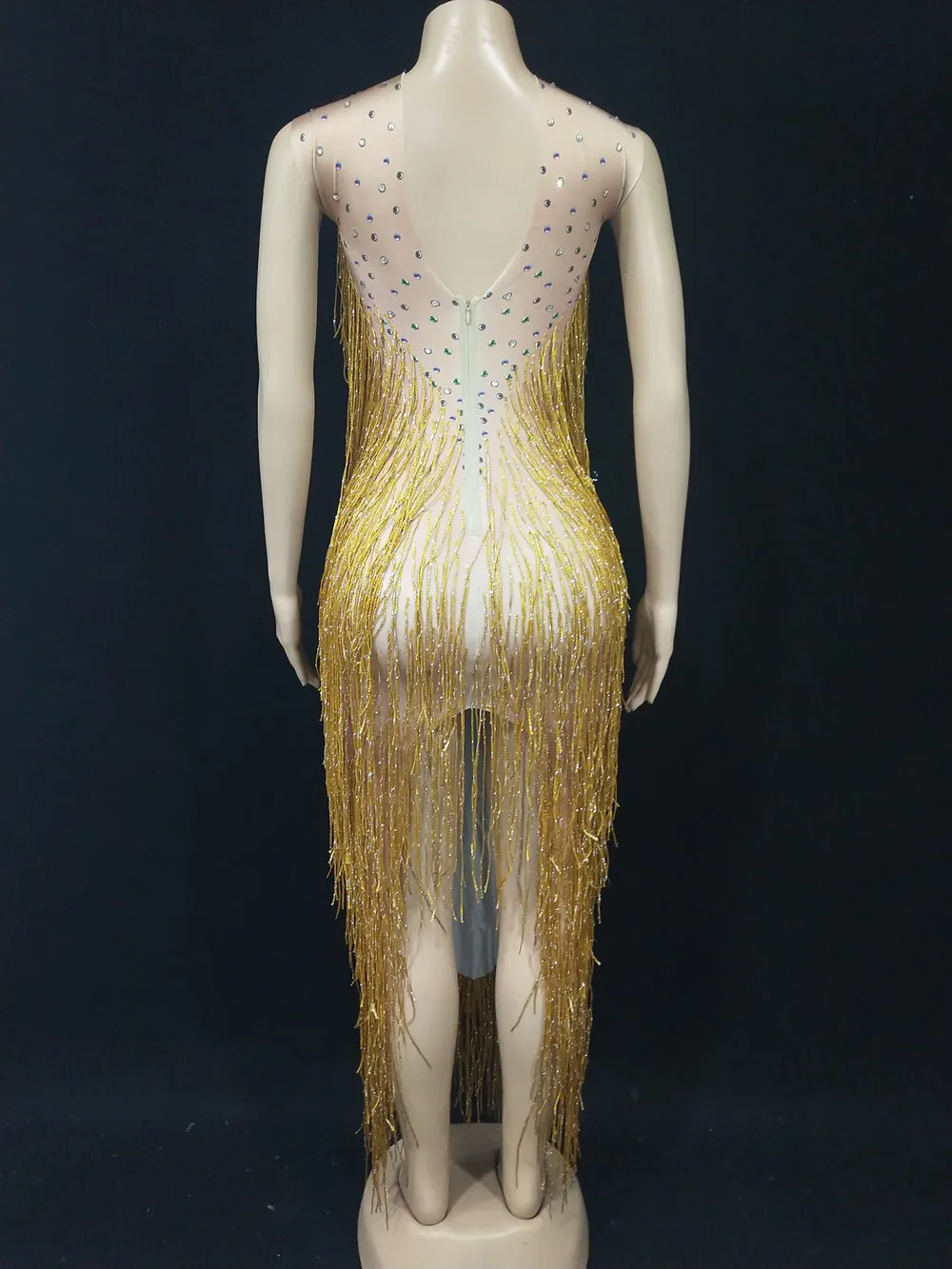 พู่ทองคริสตัลแขนกุดชุดยาวเซ็กซี่ Club Party Stage Performance เสื้อผ้านักร้องคอนเสิร์ต Fringe เครื่องแต่งกาย