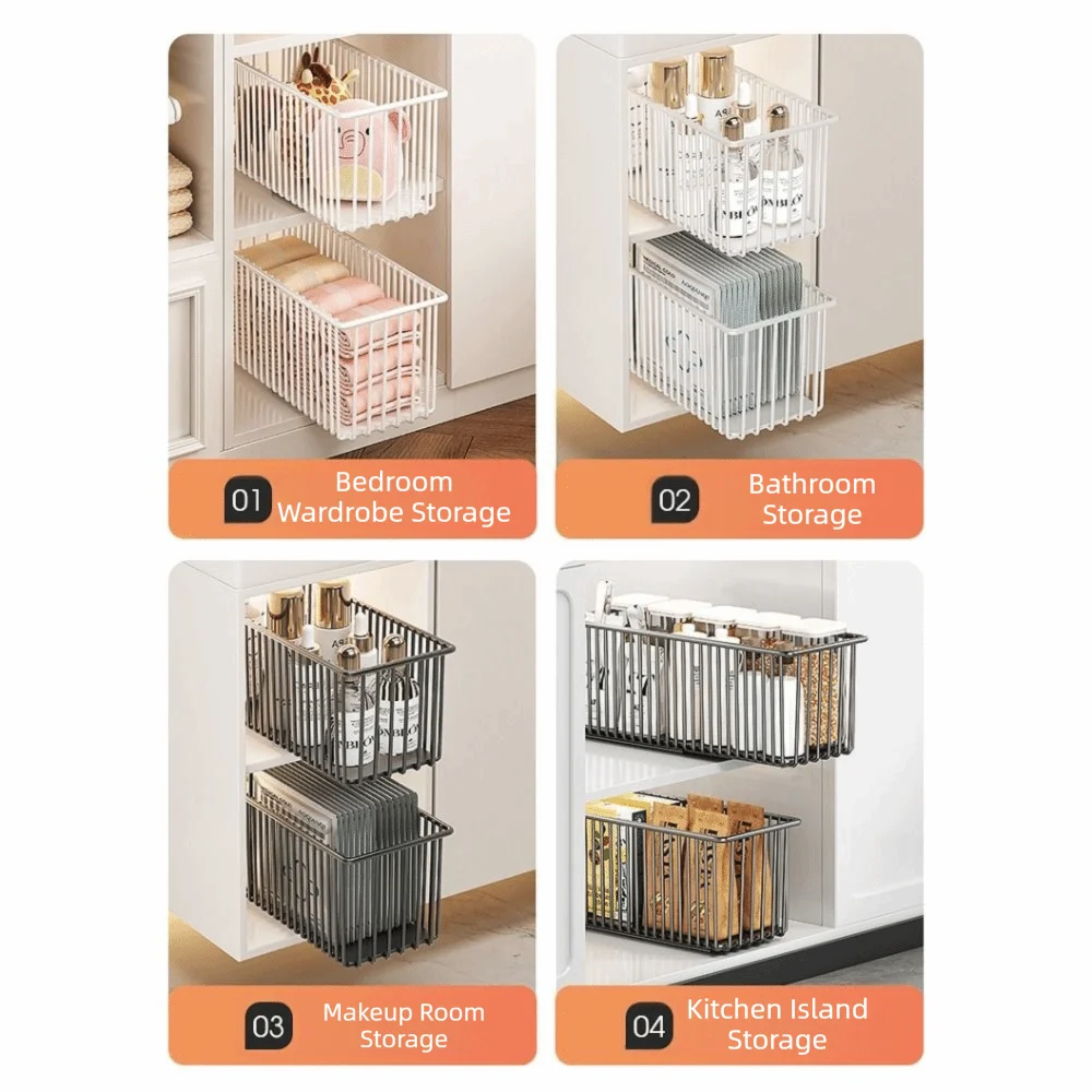 Carbon Steel Cabinet Organizer Basket Rust-Resistant Adjustable Shelf Storage Box Layered Design Pull-out Drawer Type