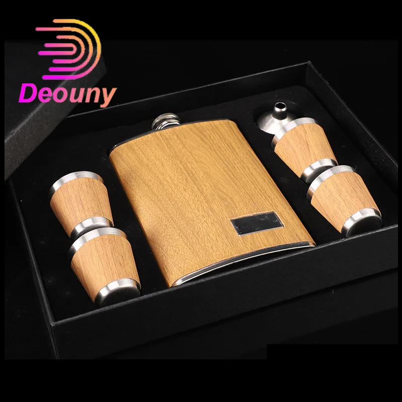 DEOUNY 8oz Stainless Steel Wooden Flask Box Includes Funnel and 4 Shot Glasses Groomsmen Proposal Best Man Gifts for Wedding Set