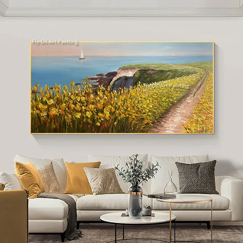 Thick Impasto Hand Painted Landscape Artwork, Ocean Cliff Yellow Flowers Oil Painting, Wide Horizontal Canvas Home Wall Decor