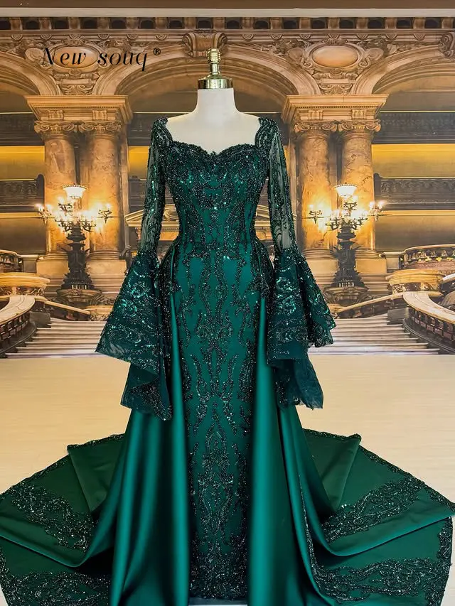 

Green Bell Long Sleeves Nikkah Evening Dresses with Attached Overskirt Dubai Muslim Beaded Wedding Prom Gowns Customized