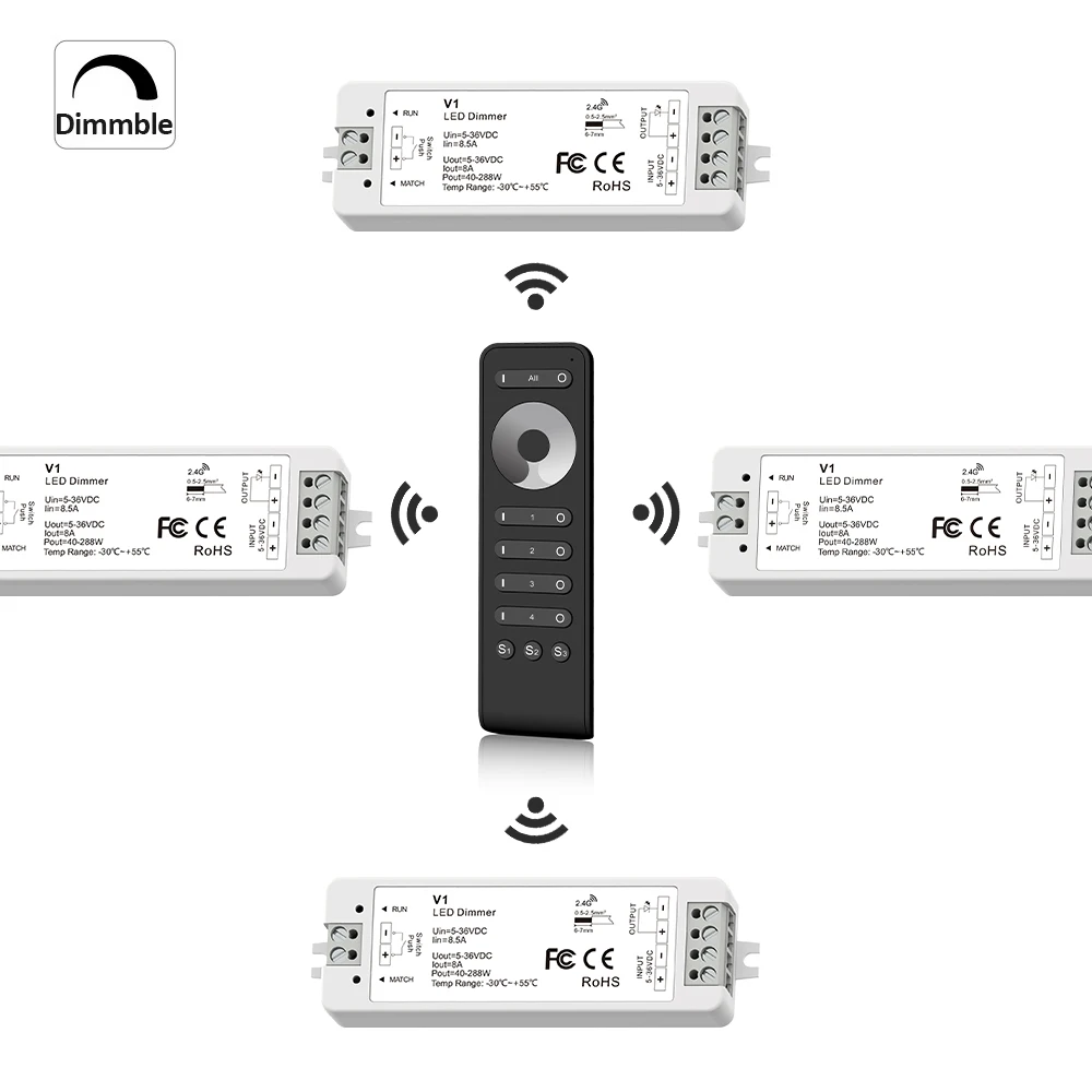 4Zone LED Dimmer 12V 24V 36V Single Color LED Strip Dimming Kit Wireless Wifi 2.4G RF Remote Control Push Switch Dim V1 Dimmable