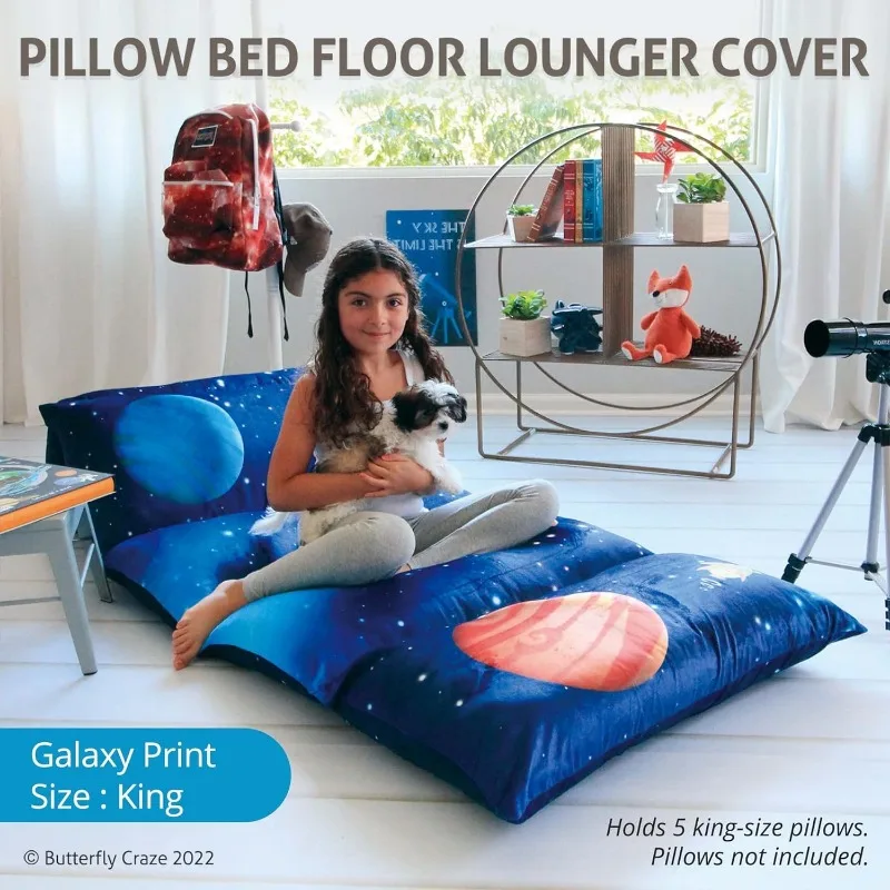 Floor Pillow Case, Mattress Bed Lounger Cover, Galaxy Blue, King, Cozy Seating Solution for Kids & Adults, Recliner Cushion