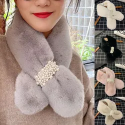 Winter Pearl Plush Scarf For Women Autumn Cute Thickened Warm Faux Fur Cross Scarves Girls Soft Neck Ring Scarf Korean Style