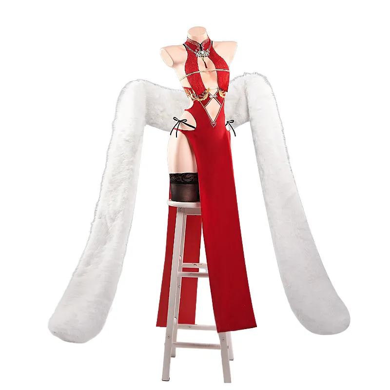 

Azur Lane Victorious Cosplay Costume Sexy Red Cheongsam Dress Chinese Style Qipao with Fur Shawl for Women Roleplay