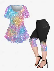 Print T-shirt and Pockets Capri Leggings Plus Size Outfits conjuntos para mujeres 2 piezas XS-6X Spring Summer Women Stars