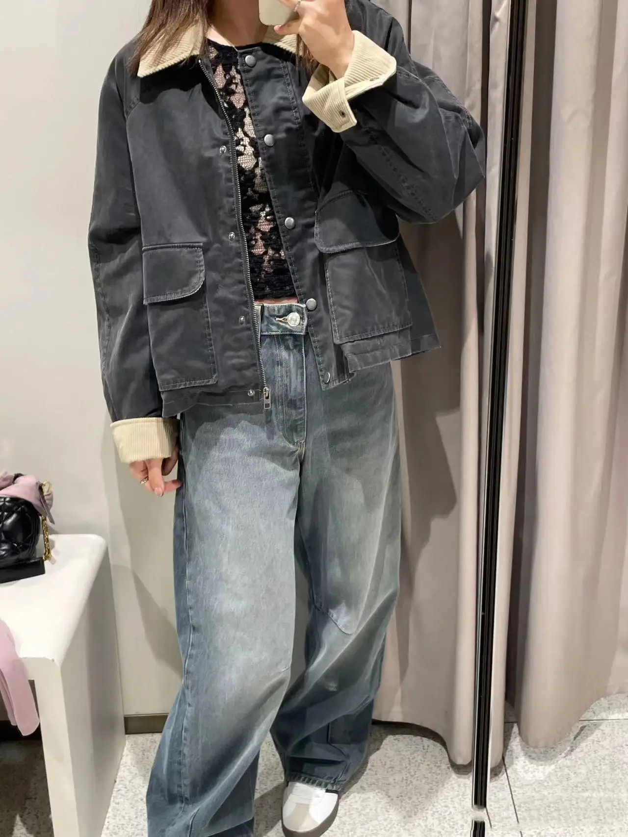 Nuovo 2025 Primavera Autunno Donna Casual Pelle cerata Colletto Jaet Colore Blo Vestibilità ampia Regular Sve Lungo pezzo unico