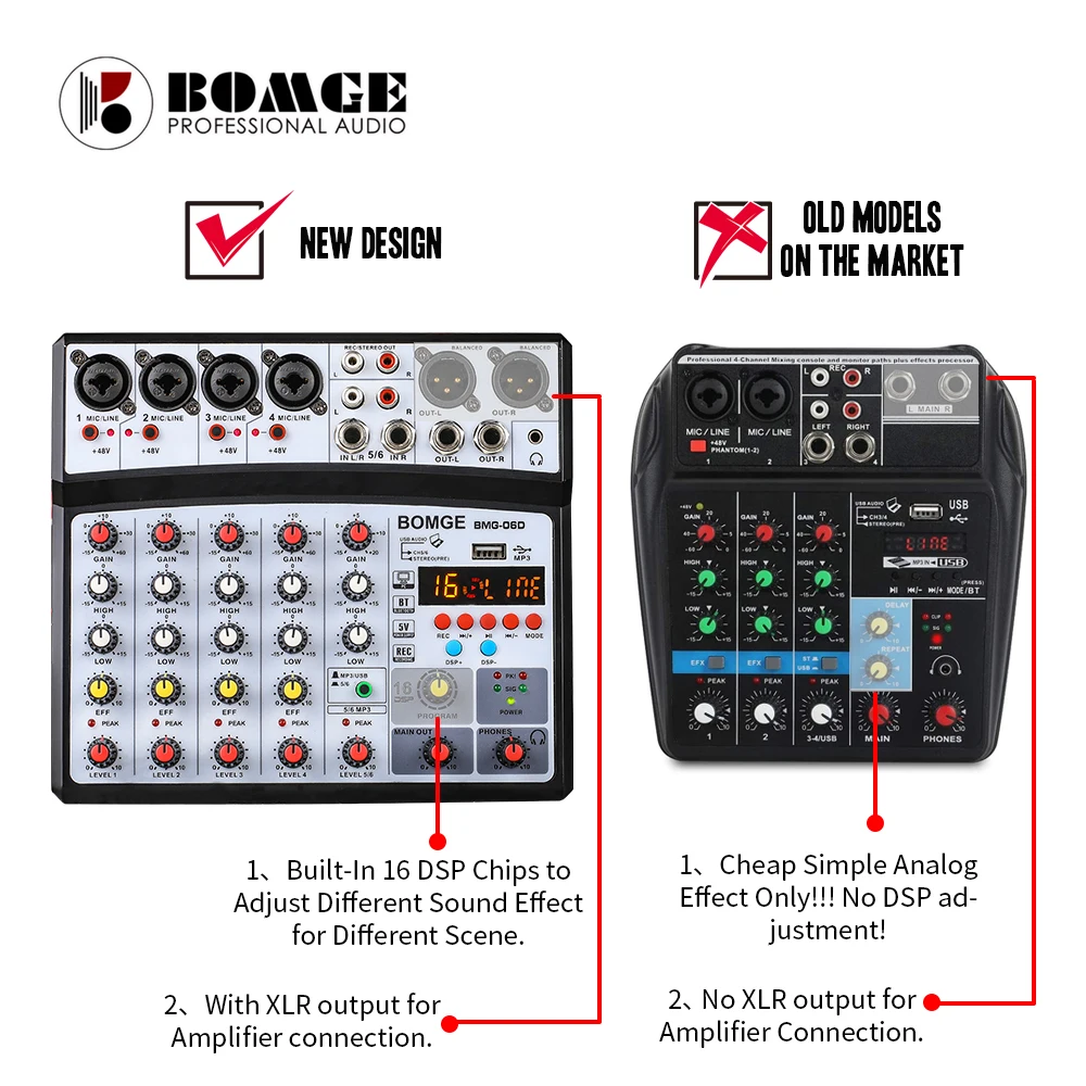 BOMGE Professional 6 Channel DJ Audio Sound Mixer 16DSP Interface Mixing Console Desktop Karaoke with MP3 Input