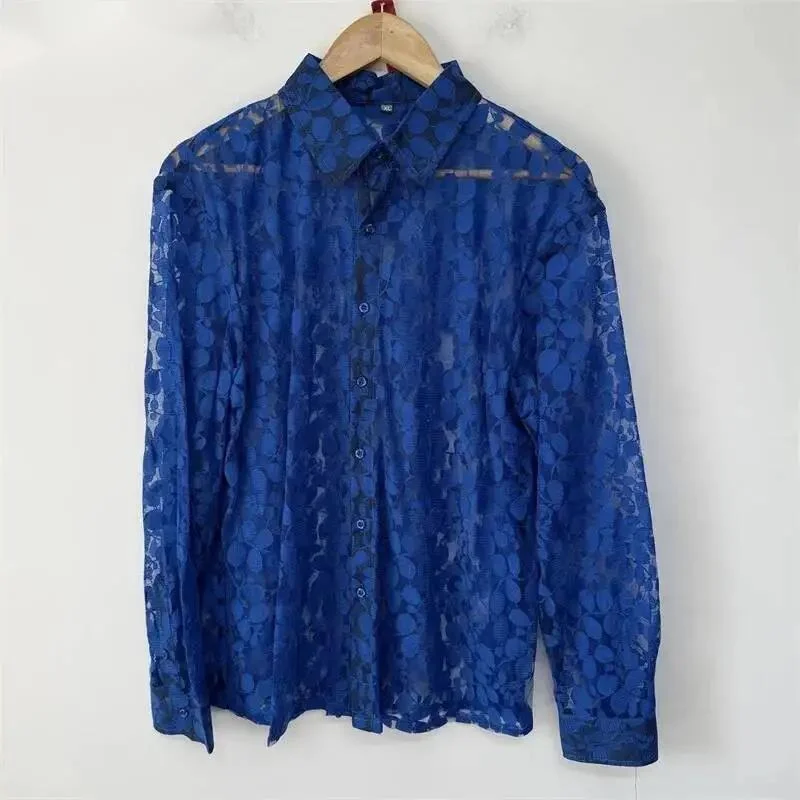 Men Lace Sheer Mesh Shirt Streetwear See-Through Design Loose Fit Casual Trendy Niche Modern Daily Essential SDEV