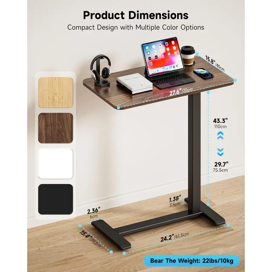 Adjustable Bedside Table with Swivel Hidden Wheels Pneumatic Rolling Desk Mobile Standing Desk with Cup Holder for Hospital Hom