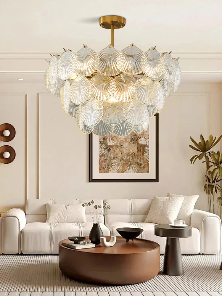 الحديثة الفرنسية نمط واضح الزجاج السقف قلادة ضوء الفاخرة، قذيفة بيضاء الزجاج جولة قلادة مصباح لغرفة المعيشة الديكور #2