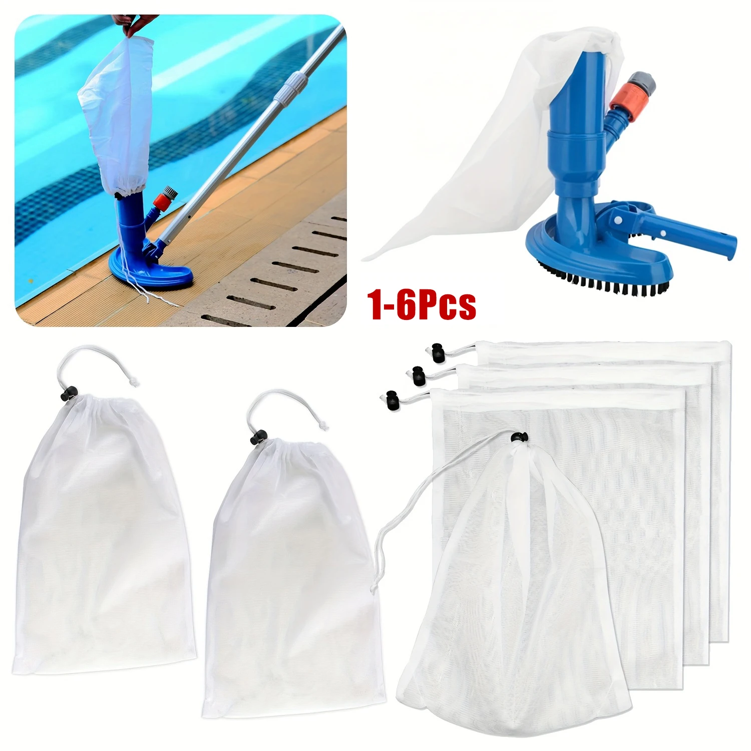 Lot de 1 à 6 sacs de rechange en maille pour aspirateur de piscine avec cordon de verrouillage, réutilisables et lavables, pour piscines, étangs, aquariums