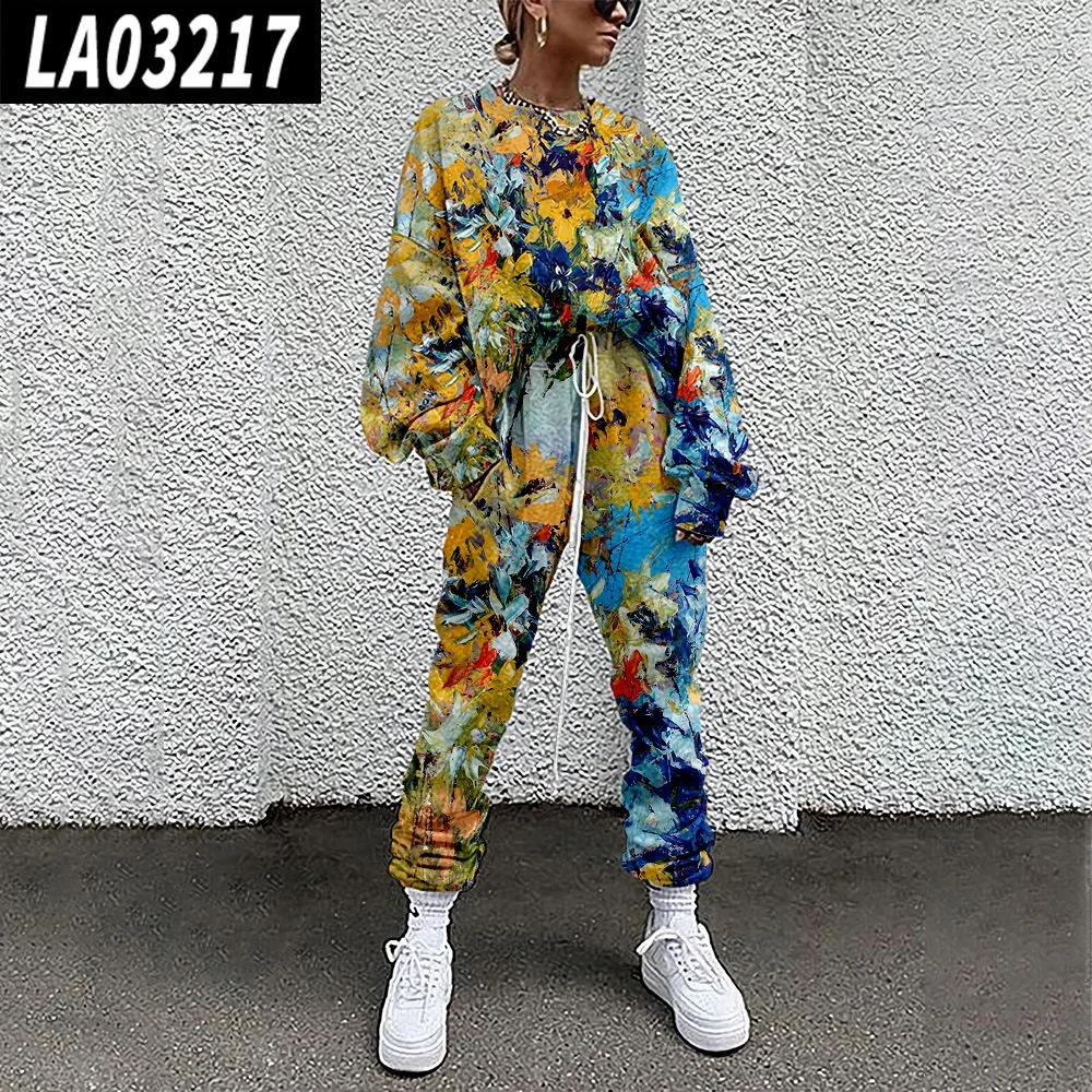 Tracksuit Long Sleeve Floral Print Pullover Women Casual Sports Set Sweatshirts Jogging Sweatpant