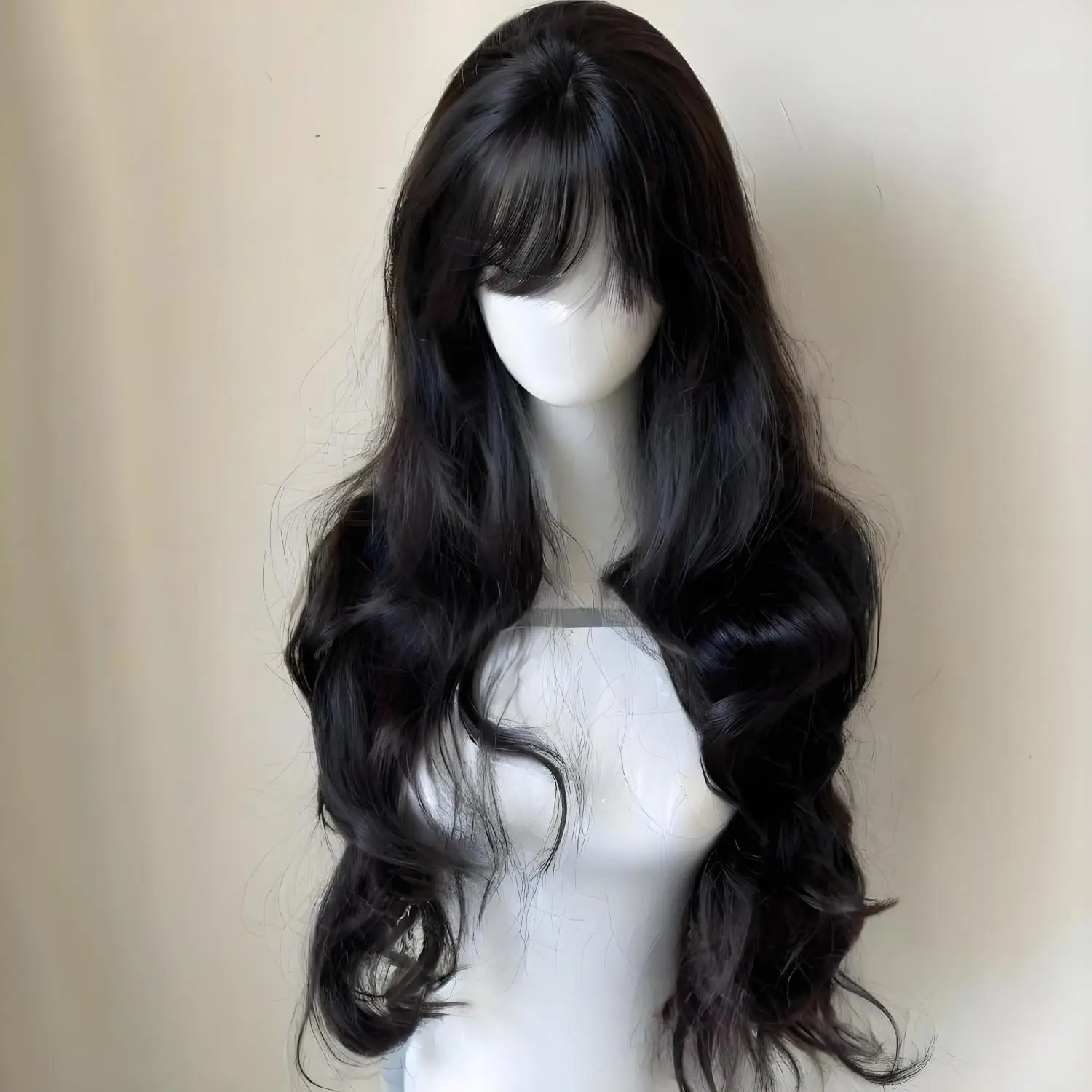 Peruka z koreańskich kręconych włosów - nowy fason z grzywką na powietrze na rok 2025, objęte fale, miękki jesienny styl, uniwersalny rozmiar