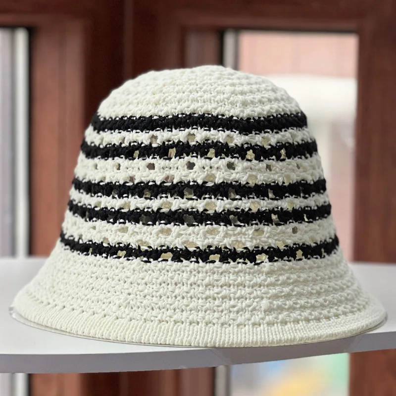 New hollow contrasting striped bucket woven  summer knitted breathable basin  Korean version bucket hat tide